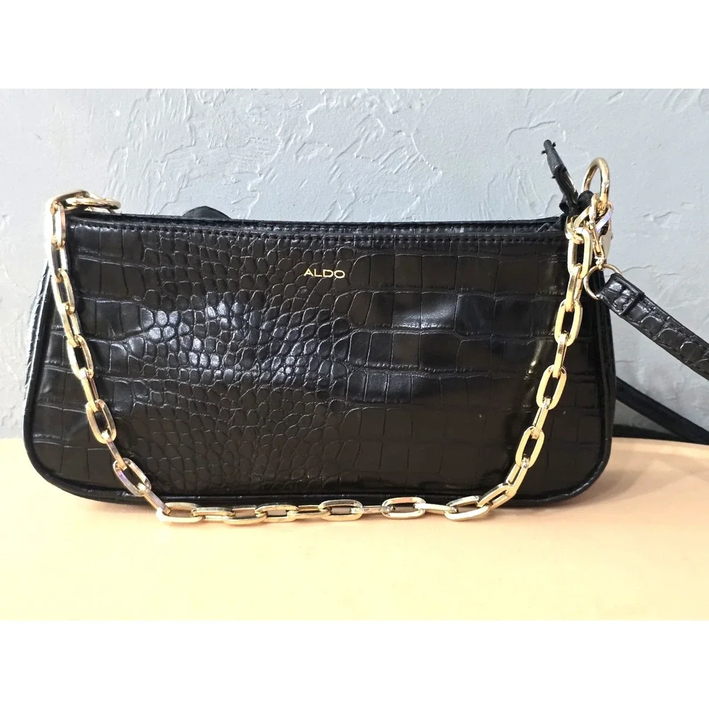 Elegant Aldo Shiny Black Mock Croc Shoulder Bag With Gold Chain Strap Date Night